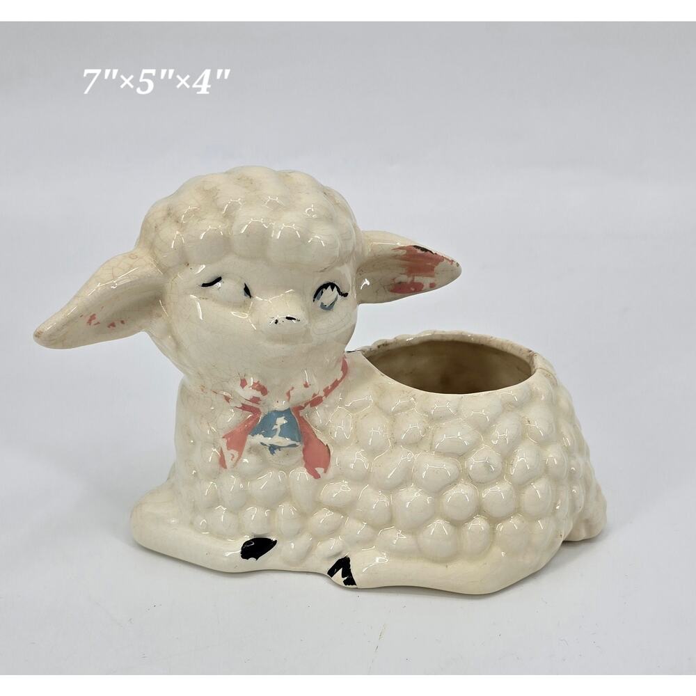 Vintage Ceramic Lamb Planter – Winking Sheep with Bow‎ – 1950s Japan Style